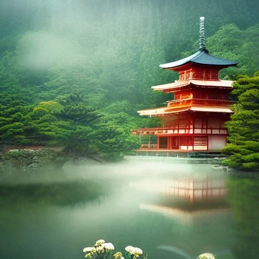 the most beautiful, stunning Japanese temple on a mountainside, morning mist, cherryblosssoms, serene, peaceful, artwork, flickering lights, ornate, baroque, 8k, high-quality, fine-detail, intricate, digital painting, brian froud, howard lyon, selina french, anna dittmann, annie stokes, Greg Rutowski