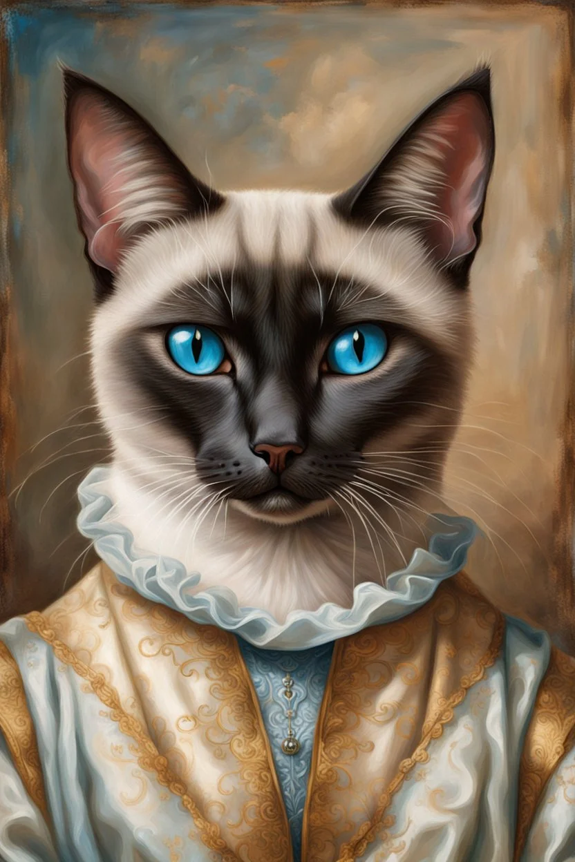 Portrait Renaissance Portrait of a female Siamese cat wearing classic mediveal gown and veil outfit, oil painting texture, piercing blue eyes, texture background