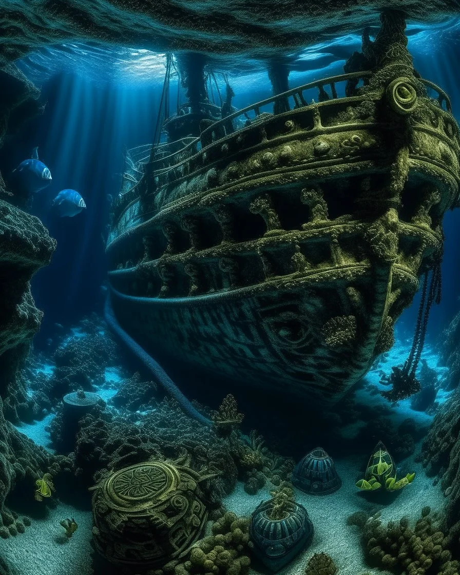 A dark blue underwater abyss with sunken pirate ships covered in barnacles designed in Maori sculptures painted by Antoni Gaudi