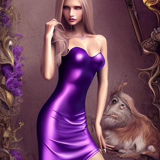 alluring slim witch of darkness in tight purple dress with very long brown-hair and blonde bangs