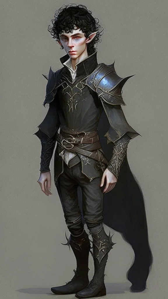 boy elf,he has curly, black hair and sharp cheekbones. His eyes are black. He wears fantasy medieval clothes. he is lean and tall, with pale skin, full body with boots, side view full body