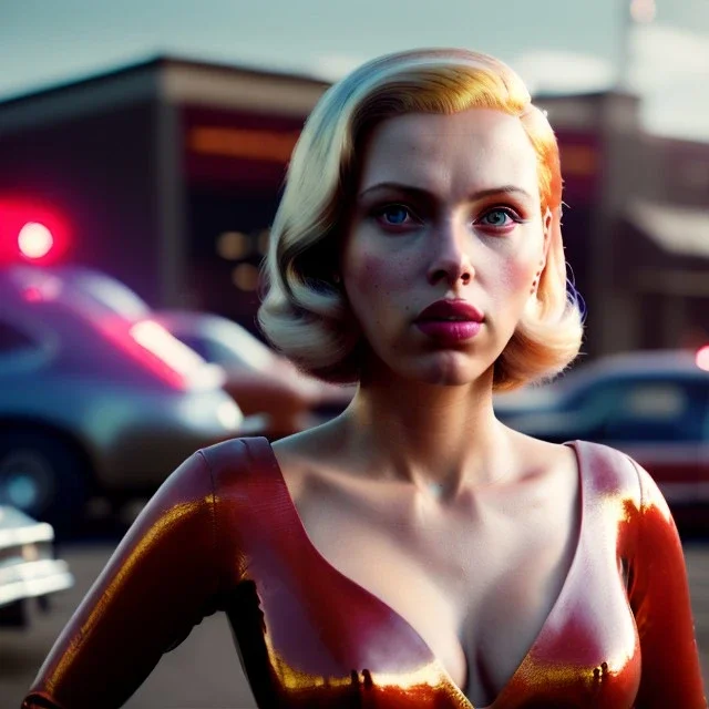 Ultra Realistic retro sci-fi afire Supermarket parking scene, 1960 year, blonde woman, sweet scarlet Johansson face, perfect iris, glow eyes, face makeup, tight latex coat; many panic people looking, Retro sci-fi style, soft color, highly detailed, unreal engine 5, ray tracing, RTX, lumen lighting, ultra detail, volumetric lighting, 3d, finely drawn, high definition, high resolution.