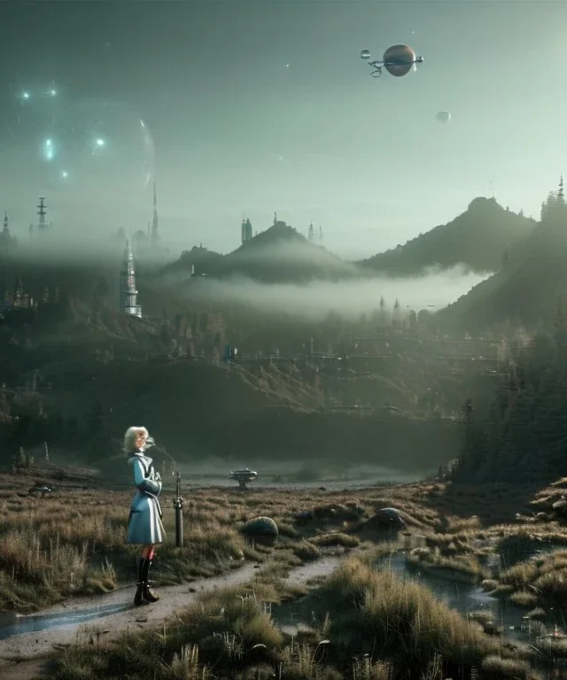 Ultra Realistic retro sci-fi 1960 scene, waist up view portrait, blonde woman, sweet young Marilyn Monroe face, perfect iris, tight latex coat, alien planet background, tight style, steel sphere dron levitating, fog, rain, soft color, highly detailed, unreal engine 5, ray tracing, RTX, lumen lighting, ultra detail, volumetric lighting, 3d, finely drawn, high definition, high resolution.