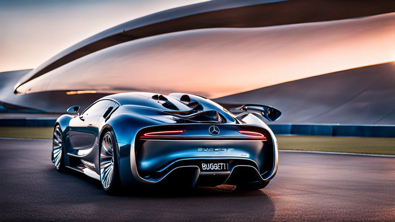 Rear View A stunningly realistic (((Bugatti x Mercedes UFO))), intricate detail and perfection in every surface, glimmering metal and luxurious contours, a (perfect model) for a desktop wallpaper fit for high resolution screens, evoking a sense of futuristic elegance in a (4K cinematic atmosphere).