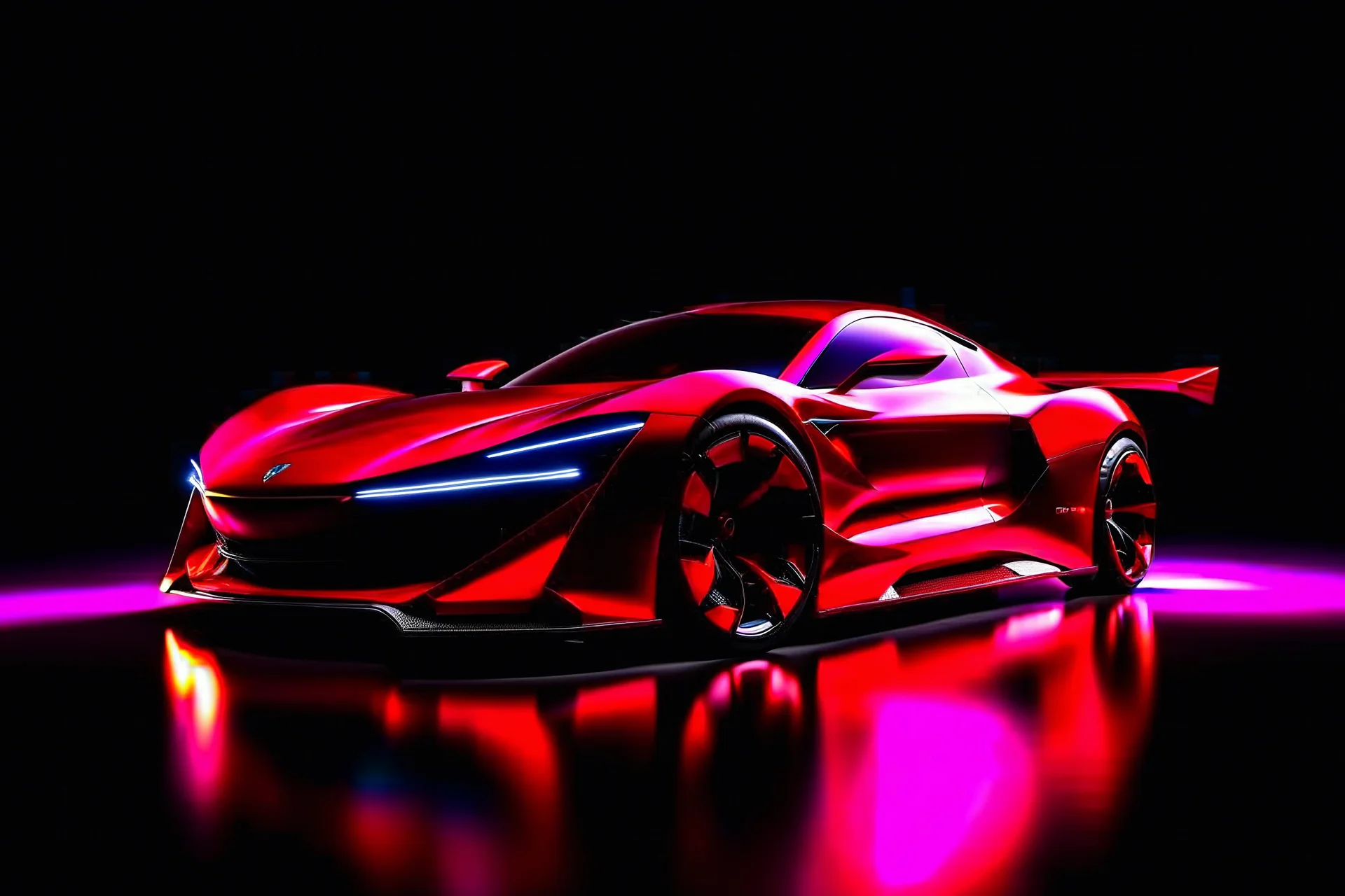 SUPER RACING CAR, EXOTIC, SUPER SPORT, CONCEPT CAR, ELECTRIC, BIG WHEELS, RED COLOR CHERRY, BLACK BACKGROUND,