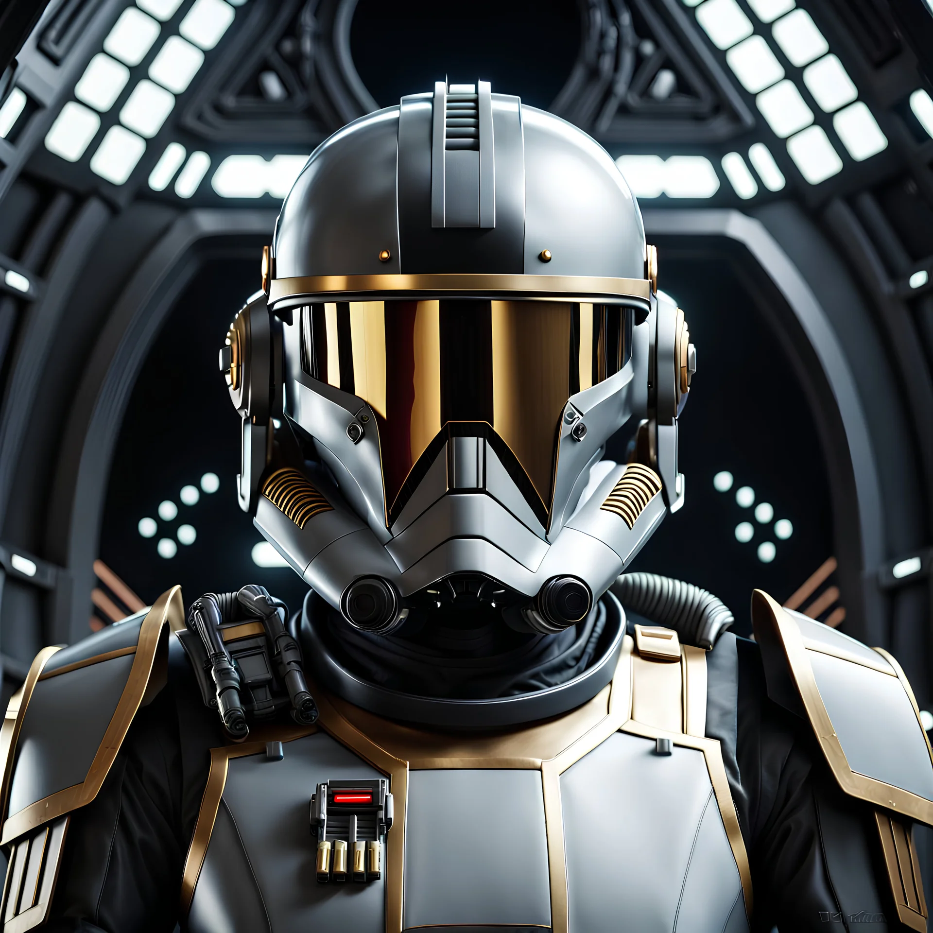 star wars bald male corellian pilot wearing gunmetal grey and black First Order special forces TIE pilot armored flightsuit and helmet with gold trim inside the jedi temple, centered head and shoulders portrait, hyperdetailed, dynamic lighting, hyperdetailed background, 8k resolution, volumetric lighting, light skin, fully symmetric details