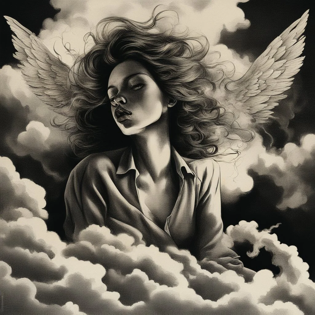 woman sitting forward Her face upward and blows cigarette smoke from their mouth upward. a figure with wings emerging from its back. behind the clouds of smoke look death. dark and mysterious