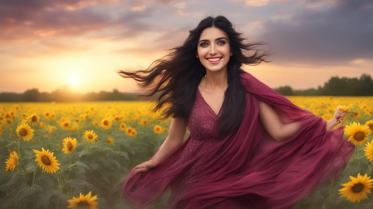 Hyper Realistic Photographic-view of a Beautiful-Young-Happy-Pashto-Woman-with-beautiful-eyes-Smiling with beautiful-long-black-hair-&-pink-dress-with-maroon-shawl & breeze-whirling in a sunflower-field with a tree behind & cloudy-sunset showing dramatic & cinematic ambiance