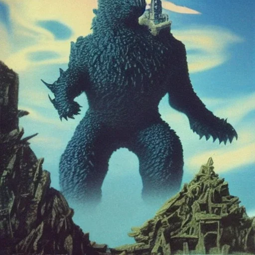  kaiju destroying a castle by walt disney and dali