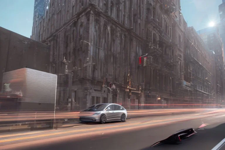 A Tesla 'Semi' (semi truck) is going at a high speed, near the 'Pier 11' in Manhattan. (CINEMATIC, WIDE ANGLE LENS, PHOTO REAL)