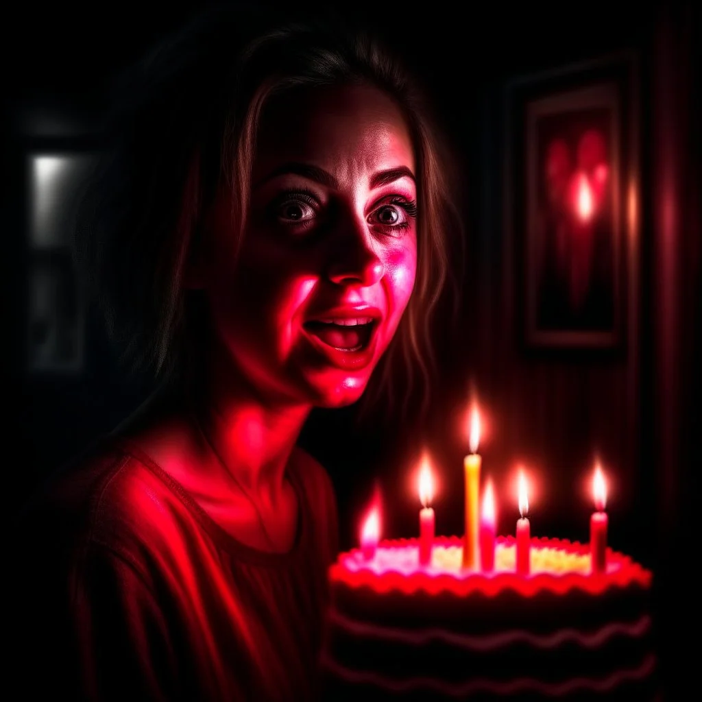 horror woman birthday, motion blur, 8k, downlight, soft light, depth of field, photorealism, trending on art station, lotsa detail