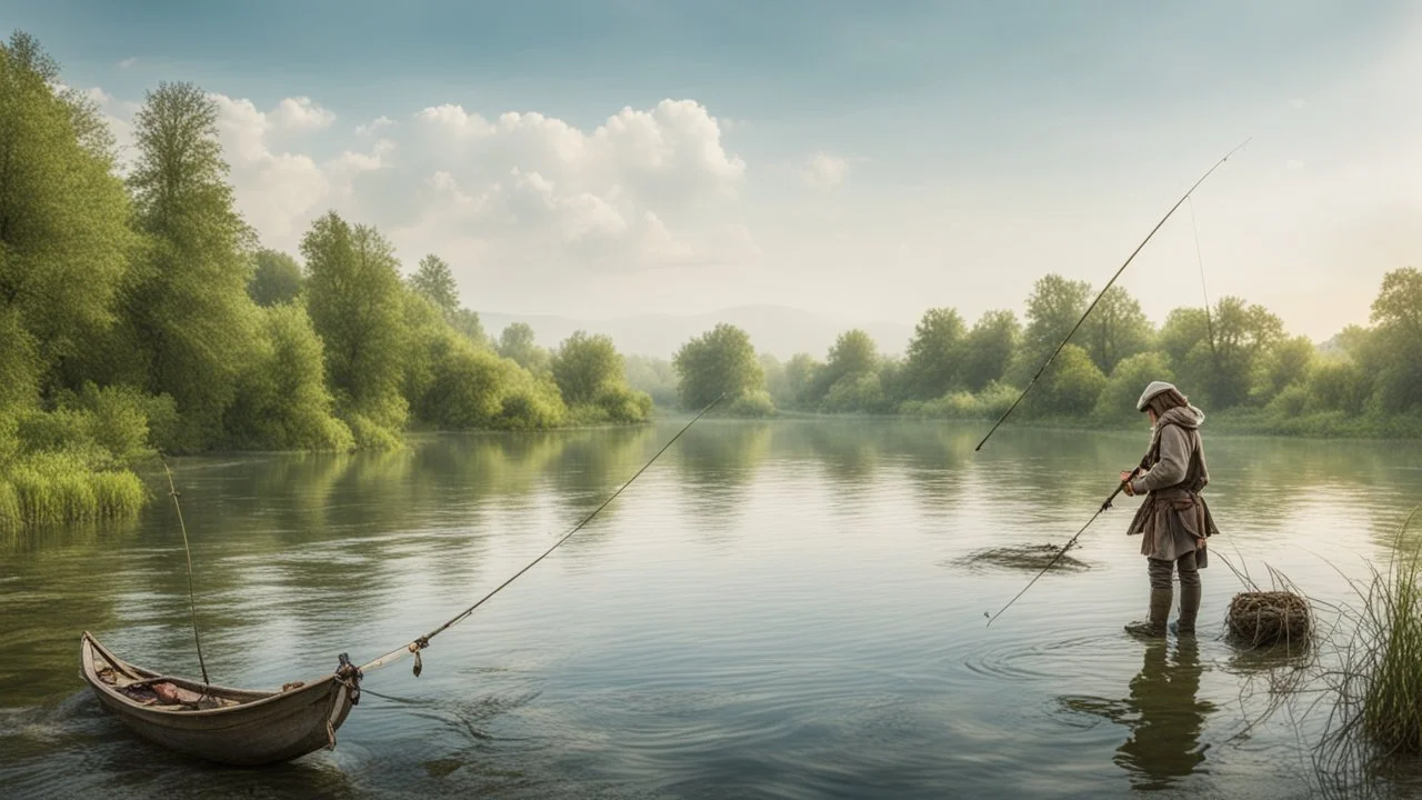 A fisherman fishing on the river with a rod next to his young daughter in the Middle Ages