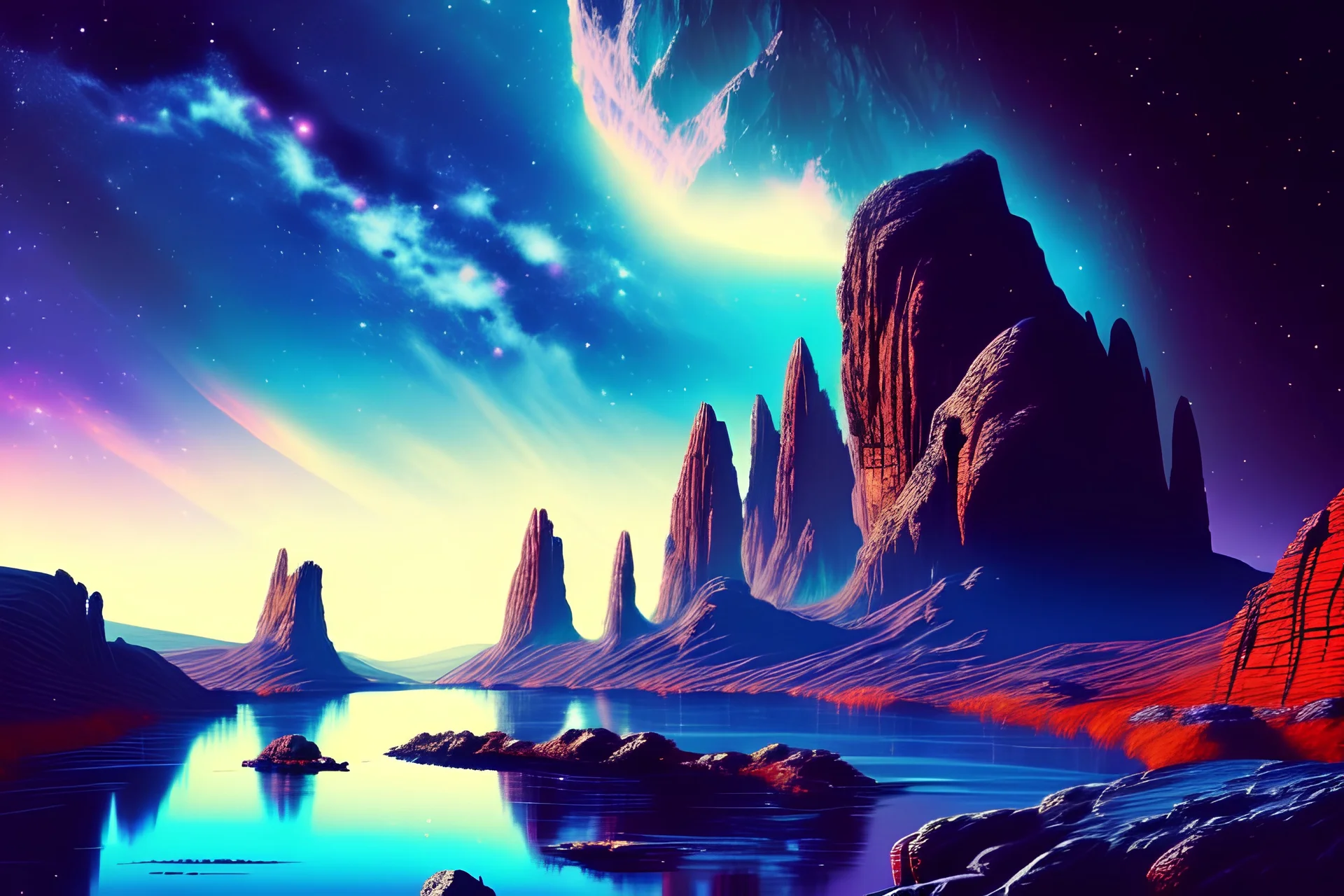 Rocky alien landscape with cliff, river, galaxy, sci-fi, epic