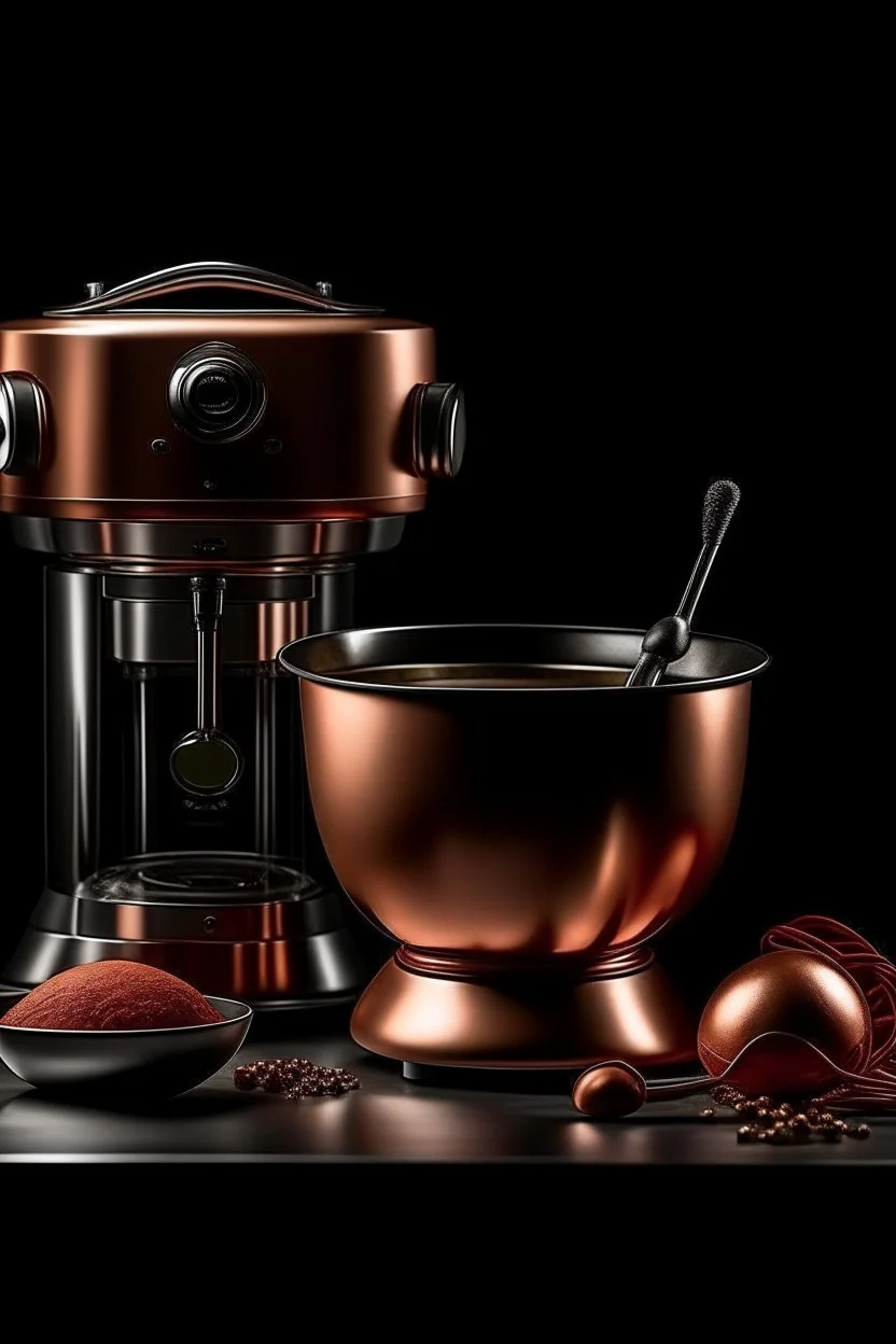 Please produce a photo of an electric mixer inspired by copper, which is a new photo and for the cover of a poster, please be kitchen appliances. The number of items should be less