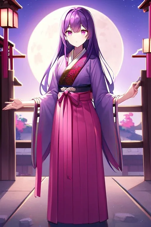 girl, masterpiece, best quality, cinematic lighting, detailed outfit, vibrant colors, perfect eyes, purple hair, pink eyes, long hair, A young woman in a traditional Japanese hakama, standing in a shrine, illuminated by a full moon, with a soft, intricate details, and dynamic composition