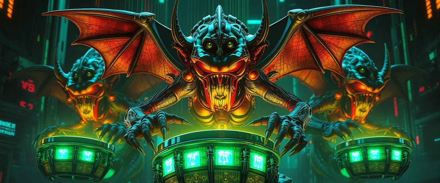 cyberpunk imagery synchronized mechanical gremlin alien drumming flickering stable core
