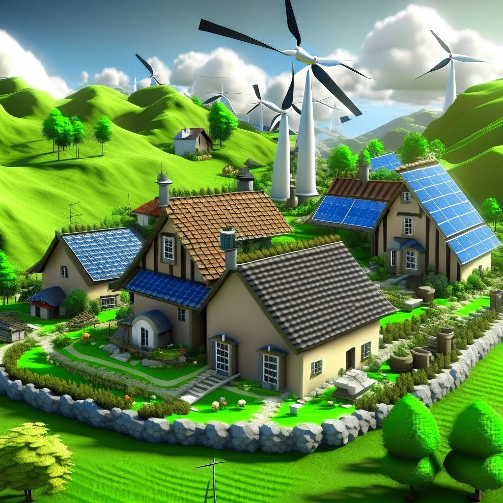 Very realist village with hydraulic, solar and wind power green energy