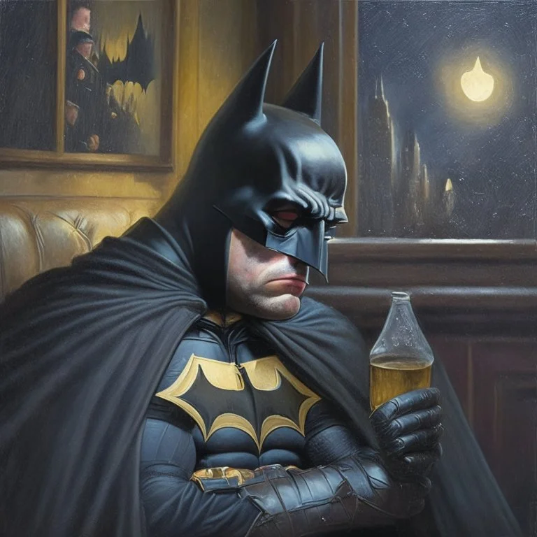 An oil painting of a dark universe masonic sad drunk batman