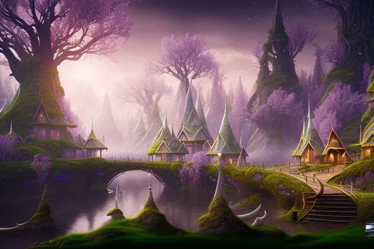 Immersive​ fantasy elven town city in the deep forest with ancient elder tree beautiful blossom nature river 4k full hd