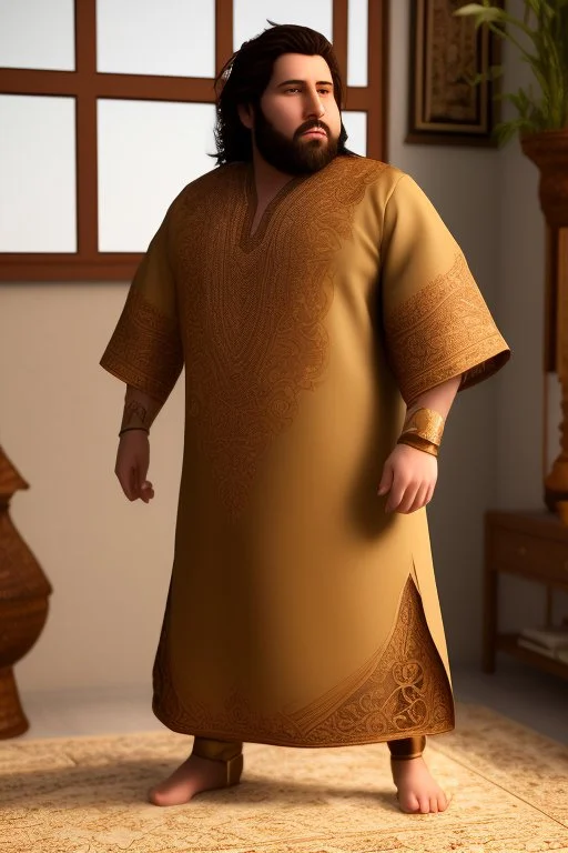 close up photography of a Burly arab 26 year old stocky short chubby man on his knees, short beard, dressed in an brown economic traditional caftan with pants and sandals, photorealistic, ambient occlusion, in a simple living room, ambient occlusion, side view from the bottom