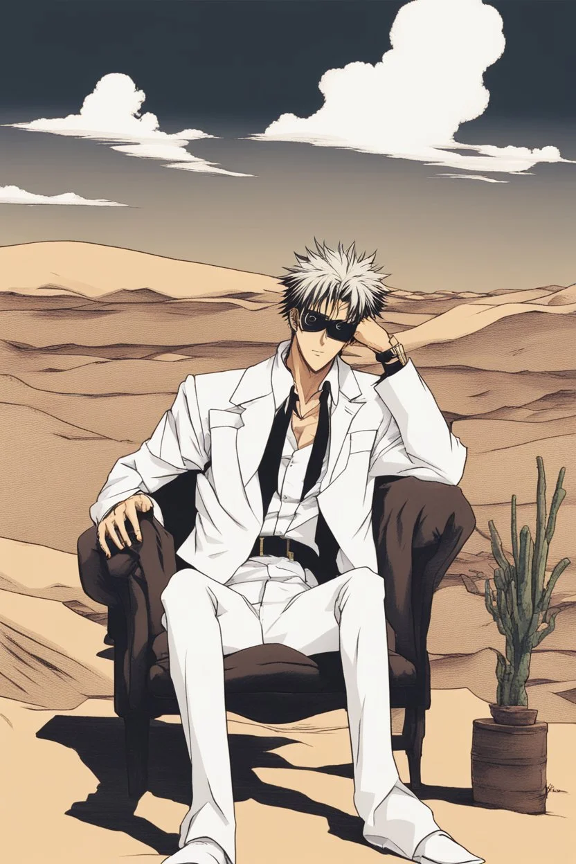 Nicholas Wolfwood Trigun is sitting on a couch in the middle of the desert