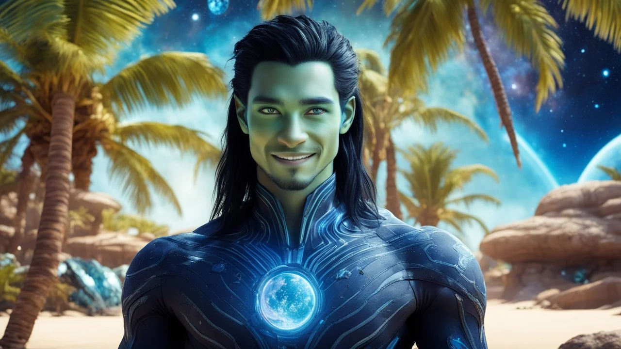 beautiful gorgeous young man na'vi with long hair, Avatar, blue skin, two small ears, green eyes, black hair, in cosmic suit, galactic ambiance, medium pointy goatee , smiling, with spaceship and planets and palm trees and clear crystaline cosmic beach in background