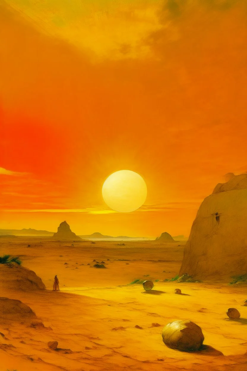 A yellow desert with a shining sun designed in ancient Egyptian pottery painted by Gustave Courbet