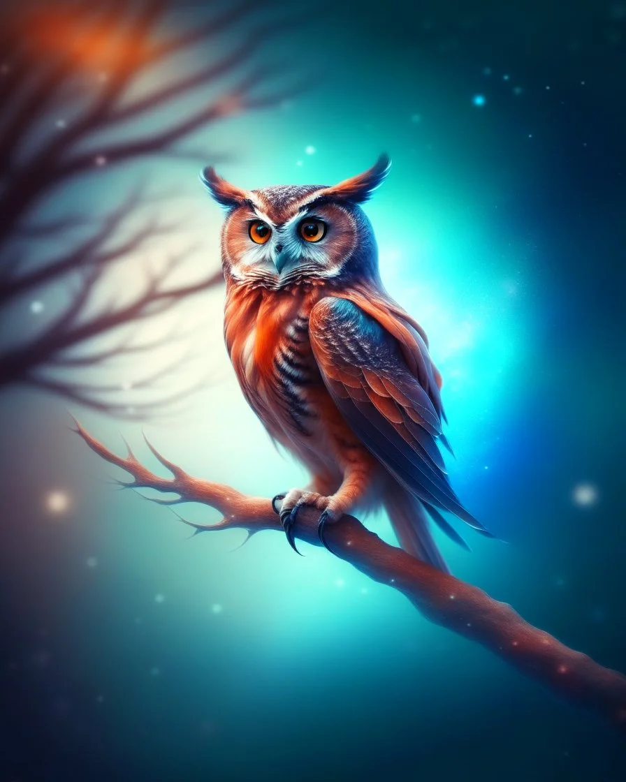 Fantasy 4:5 art, surreal owl on a mystical branch surrounded by swirling galaxies, cosmic vibes, vivid hues, dreamy and ethereal, suitable for a book cover or magical-themed project.