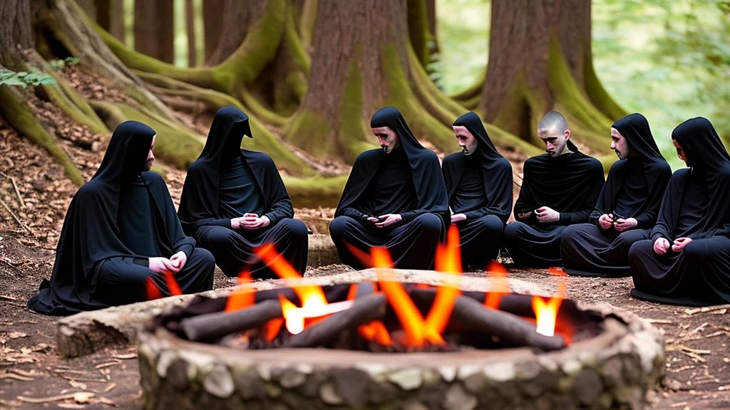 Black robed monks sitting around a fire in the forest