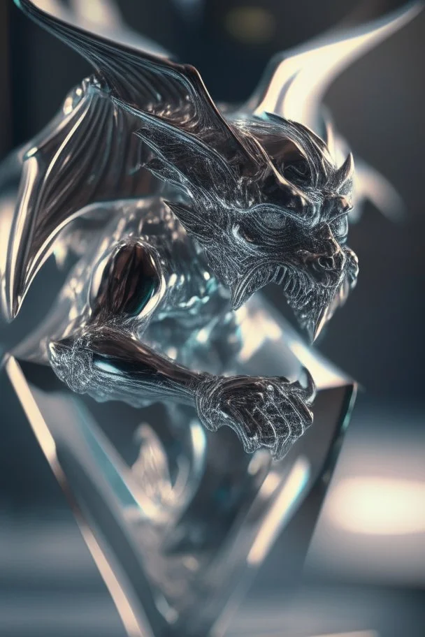 transparent gemstone gargoyle, in chrome casino, high detail, 8k, cinematic, depth of field, art