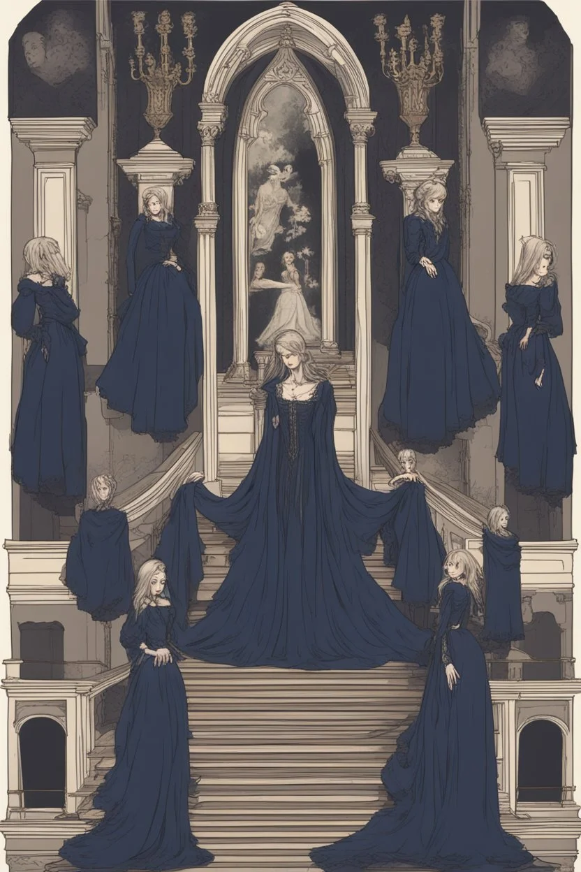 The Countess is a ghost, she has a long, flowing dark blue dress, she is in her castle, Hanging in the castle room, there is a tapestry composed of the preserved faces of the Countess' ancient victims.