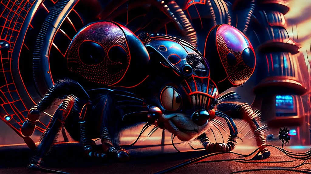 a spider mickey mouse hybrid, photorealism, movie screen capture, horror, sci-fi, retrofuturism,