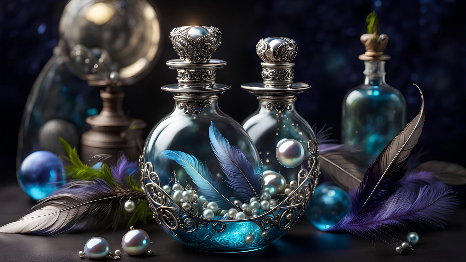 Small filigree glass bottle filled with silver pearls and dark iridescent feathers and alien flora in the alchemical laboratory, Fantasy theme