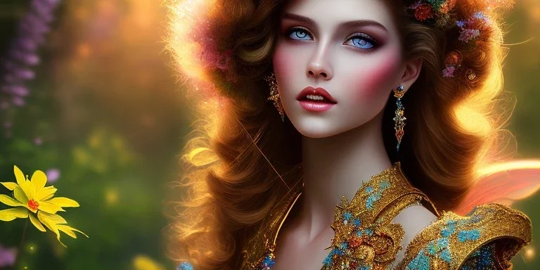 bright fairy, beautiful portrait, flowery landscape