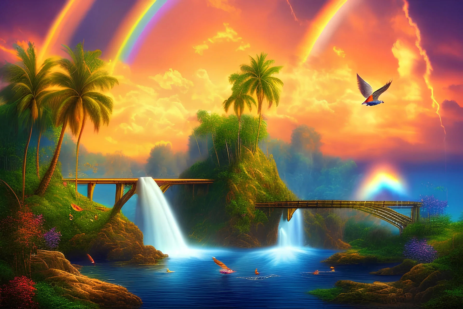 island waterfall palms twigs spring sunset rainbow bridge birds