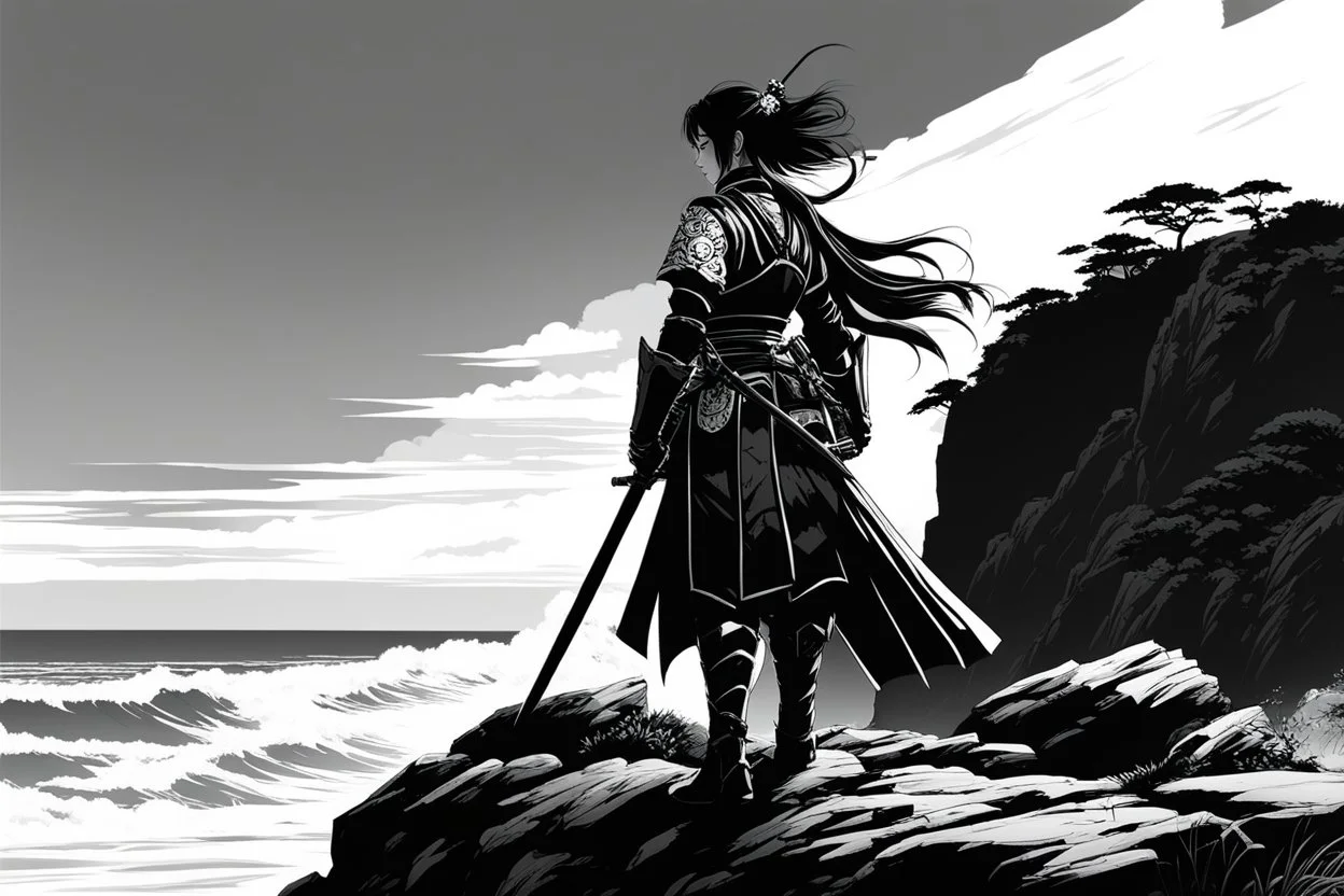 (in the style of Orion, by Masamune Shirow) Optimized Prompt (Art by Claudia Andujar, infrared, high-contrast black and white film photography) A solitary female samurai, the absolute final warrior of her slaughtered clan, is captured as a stark silhouette. She stands on a jagged cliff edge at the rugged coastline of Honshu. The sun has dipped below the horizon, leaving only a ghost of light—a thin, etched line against the fading, twilight sky. Her posture is a heavy monument to exhaustion and d