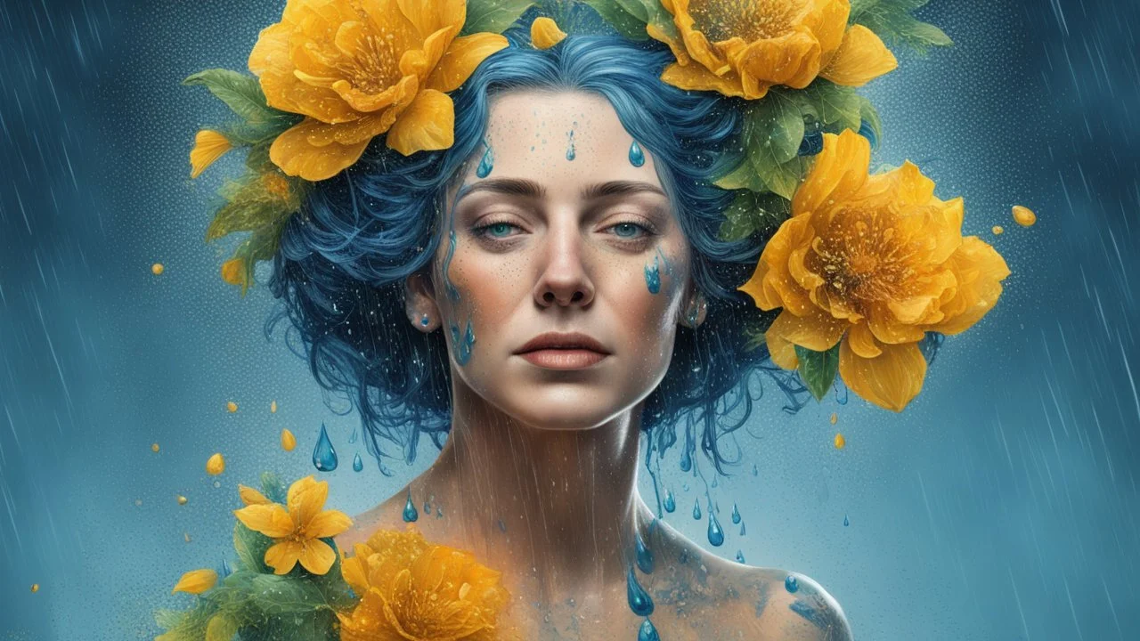 blue background, 18th century, portrait Woman 43 years old, rain, wind, flowers, splashes, tears, plants, yellow, blue, green, orange colors, bright, shower, drops, detailed, fine rendering, high detail, high resolution, 8K , tattoo, city, rain, double exposure,