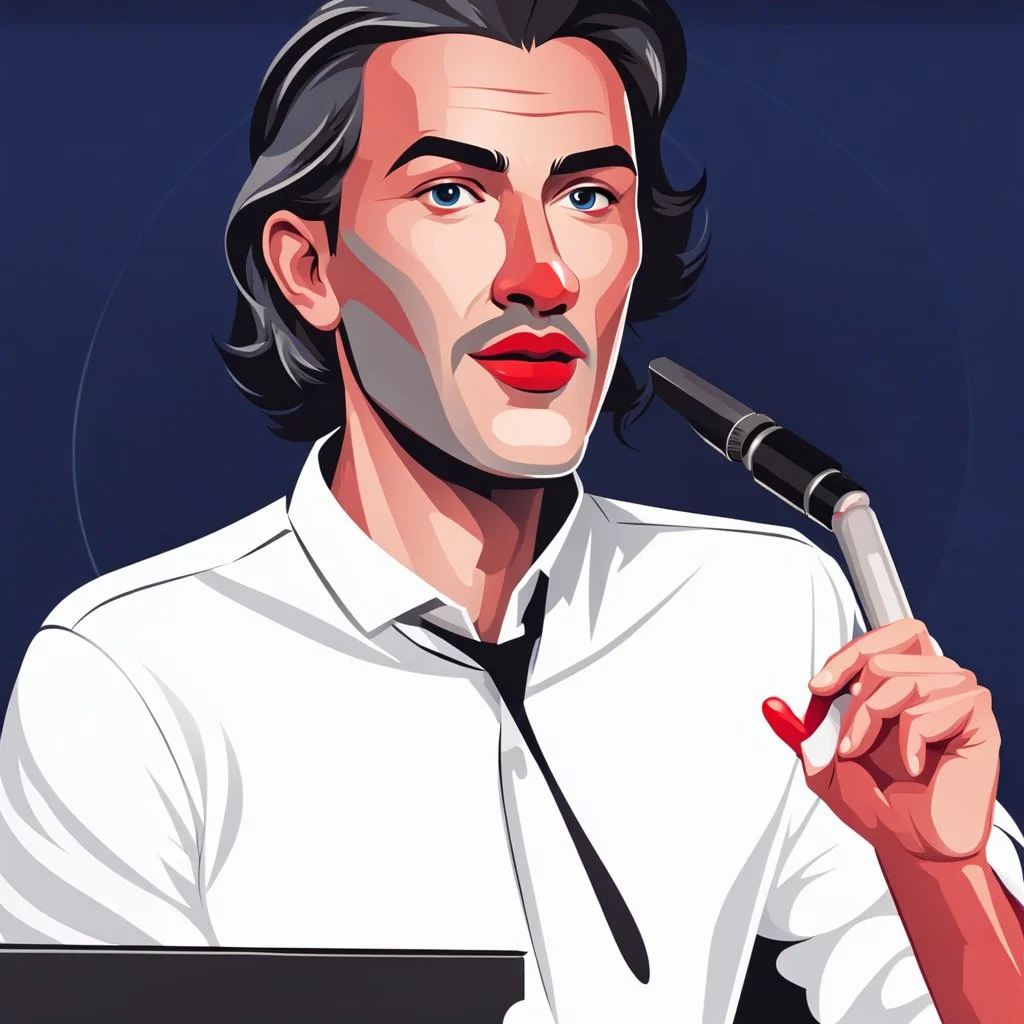 vector illustration man with a 50 centimeter long nose speaking at a lectern with microphone, black background, white, black and red colors