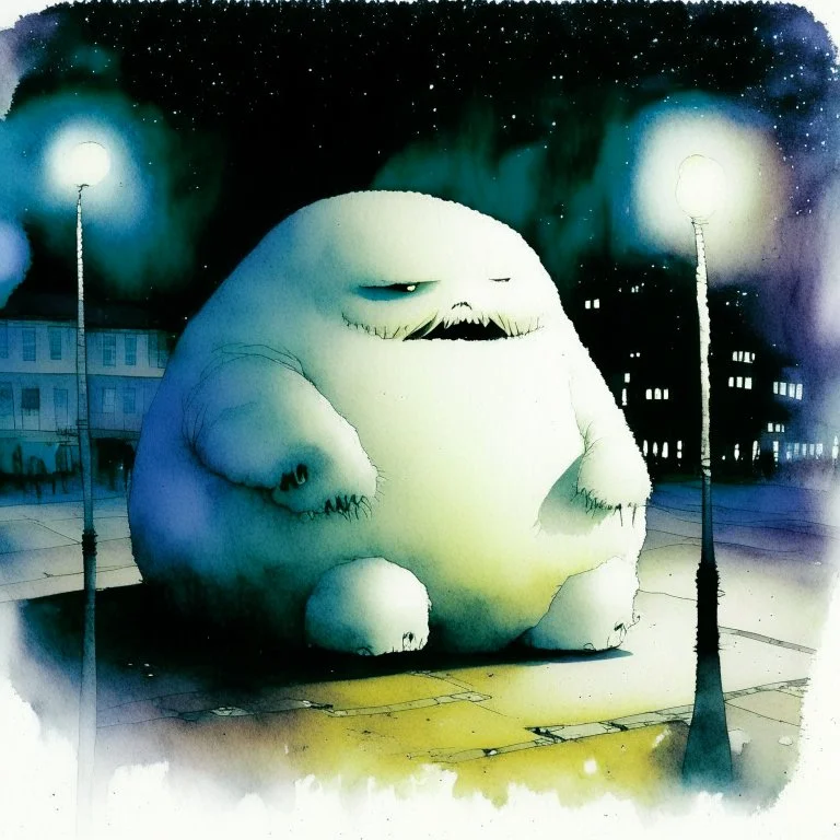 Dramatic watercolor and ink illustration, gigantic puffy fat marshmallow creature sitting in an empty school playground at night caught in the ambient streetlight, Lovecraftian creature made of marshmallows with frustrated confused look on face, sinister whimsey, oddball masterpiece, sfumato, Gallows humor, complex contrast, dynamic composition, by Stephen Gammell