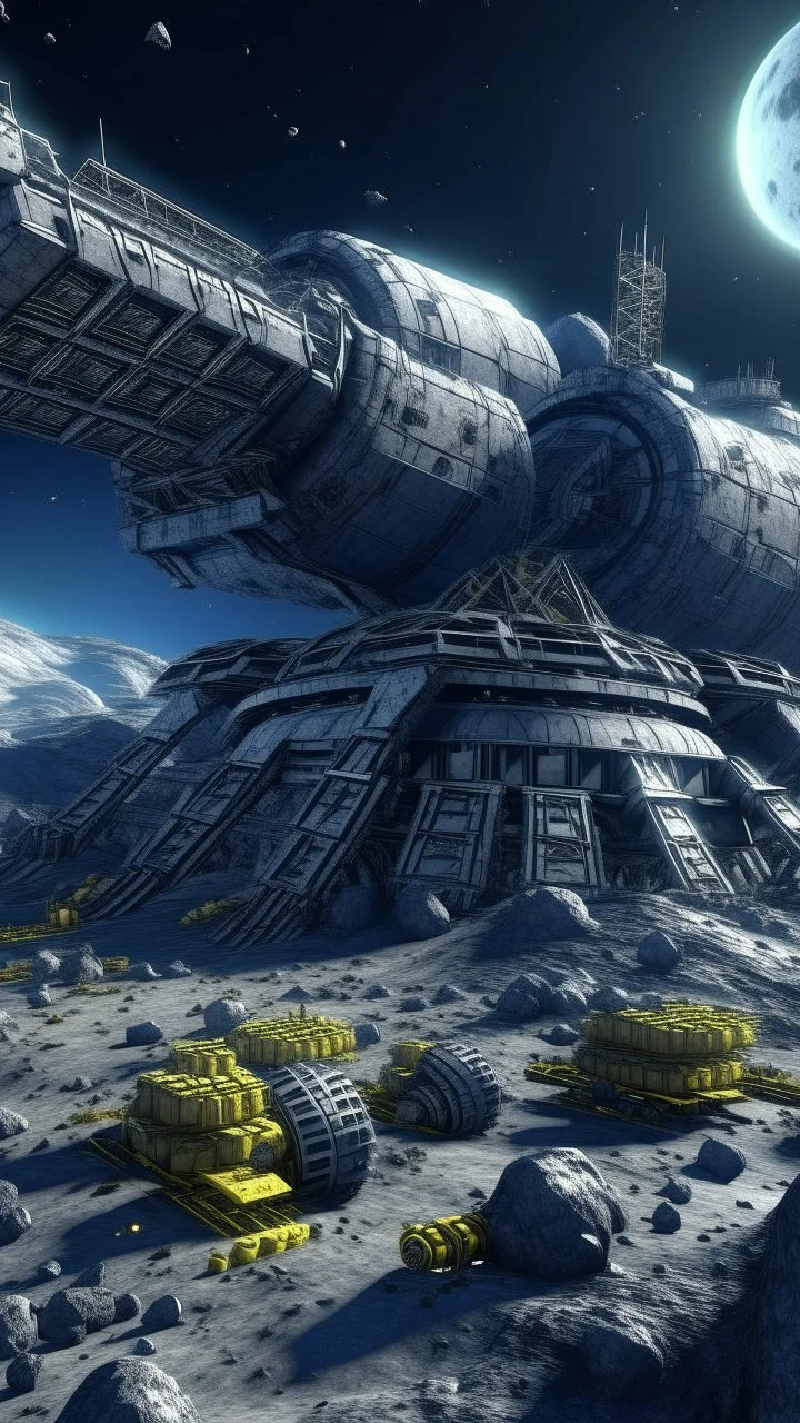 asteroid mining construction with big machine and a rocket base