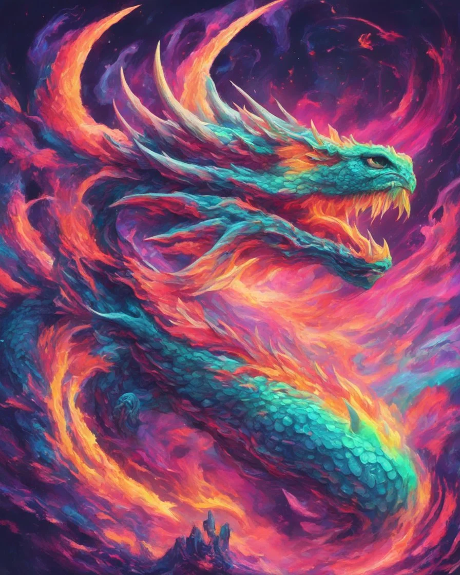 Close up shot, Dragon in a vibrant synthwave dreamscape, neon chaos swirling energetically around pixelated forms, a dynamic fusion of retro gaming nostalgia and futuristic abstraction