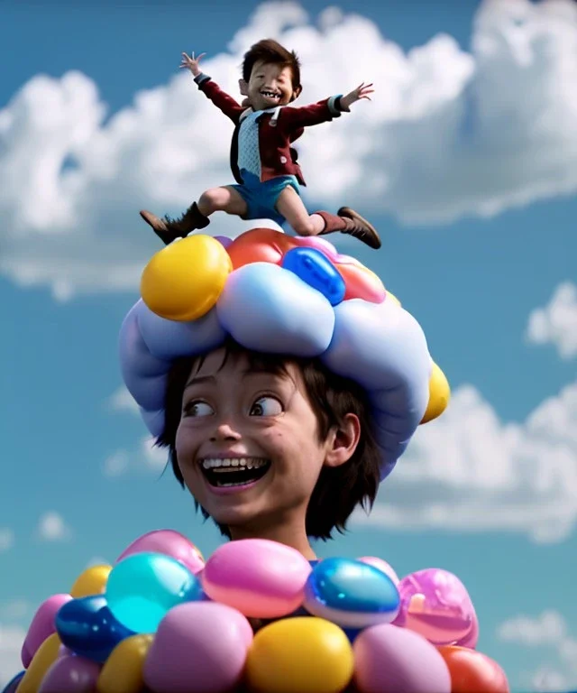 Ultra realistic clouds sky scene, medium shot view, portrait, sweet monster Childs free jumping flying, trinkets, jelly beans, inflatable helmet, smile, happy, Wes Anderson style, Peter Pan, inflatable color clothing, extreme, wind, clouds sea, 20,000 feet altitude, stratosphere, soft color, highly detailed, unreal engine 5, ray tracing, RTX, lumen lighting, ultra detail, volumetric lighting, 3d, finely drawn, high definition, high resolution.