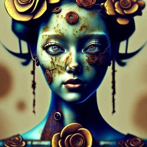 an abstract painting of rusted metal and flowers, Geisha portrait, rust, scaffolding, iron cladding, decay, mixed media, textured, anatomically correct, beautiful perfect face,perfect eyes, sharp focus, highly detailed 8k