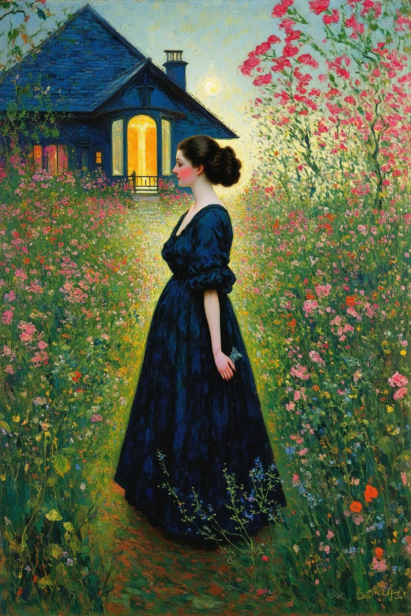 Night, vegetations, flowers, one woman, distant house, mistery, gothic horror films influence, gustave caillebotte, and gustave moreau paintings