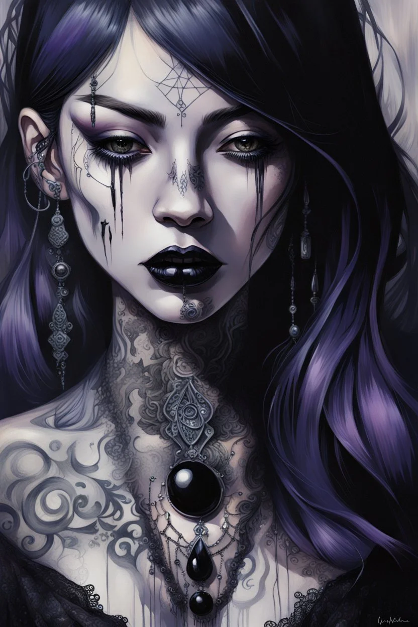 painting of a woman with dark purple-black long hair and black tattoos on her body, a cold, indifferent expression, silver and black onyx jewelry, black lace dress, cybernetics, crepy stunning anthropomorphic female, Minjae Lee vibe, cbybernetic and etheral human, ancient deity, by Vincent Lefevre and Yoshitaka Amano