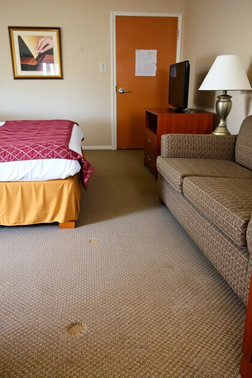 cheap motel room floor, furniture dents in carpet, showing that furniture had been moved