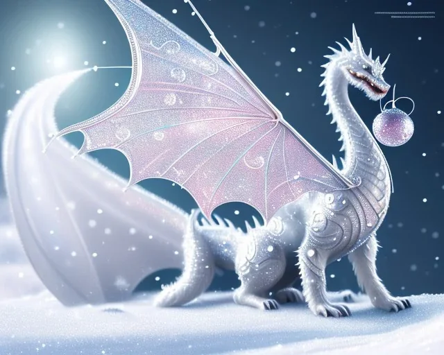 mdjrny-v4 style, a white dragon with fairy-like transparent glowing and sparkly wings standing in snow, full body, silver and teal background, glowing soft and smooth wings, realistic, highly detailed intricately detailed, shiny snowy background, soft studio lighting, trending on artstation, by artist "Julie Bell", by artist "Greg Rutkowski"