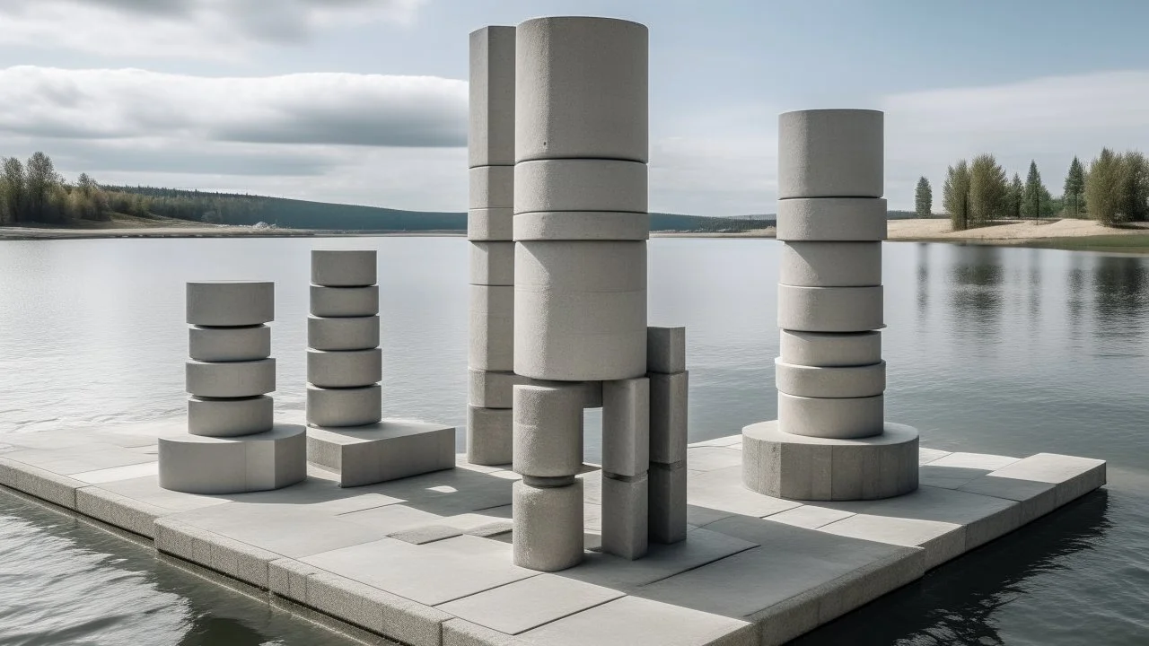 Conjunto monumental de hormigón articulado por cilindros, prismas y vacíos geométricos, con agua circundante que suaviza la masa y crea un aura ritual, en estilo pictórico geométrico de inspiración Bauhaus.