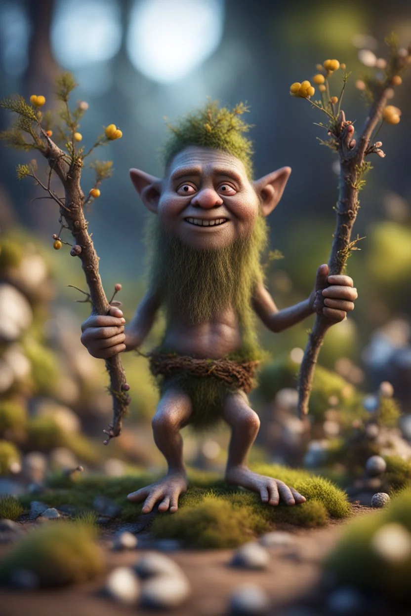 twig troll and his twig collection ,bokeh like f/0.8, tilt-shift lens 8k, high detail, smooth render, down-light, unreal engine, prize winning