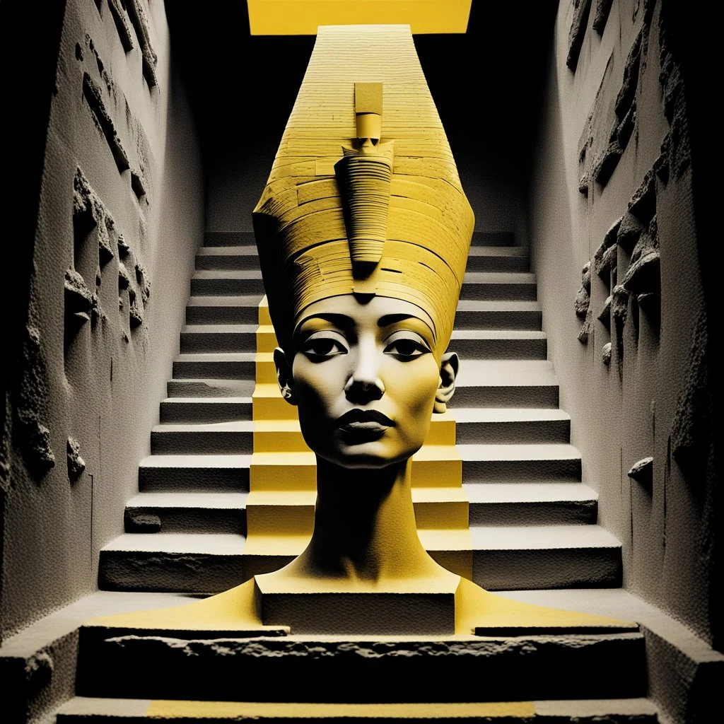 Double exposure of a black and yellow photo of the face of the pharaonic goddess Nefertiti and stairs inside a pyramid, black and yellow photo, a staircase, by John Alexander, stairs, a winding staircase inside a pyramid, inspired by Jerry Schatzberg, stairs to heaven, fine art photography, by Rodolfo Escalara, illustration, by Albert Cotin, beautiful, stairs, inspired by Rudolf Hausner, staircase 1